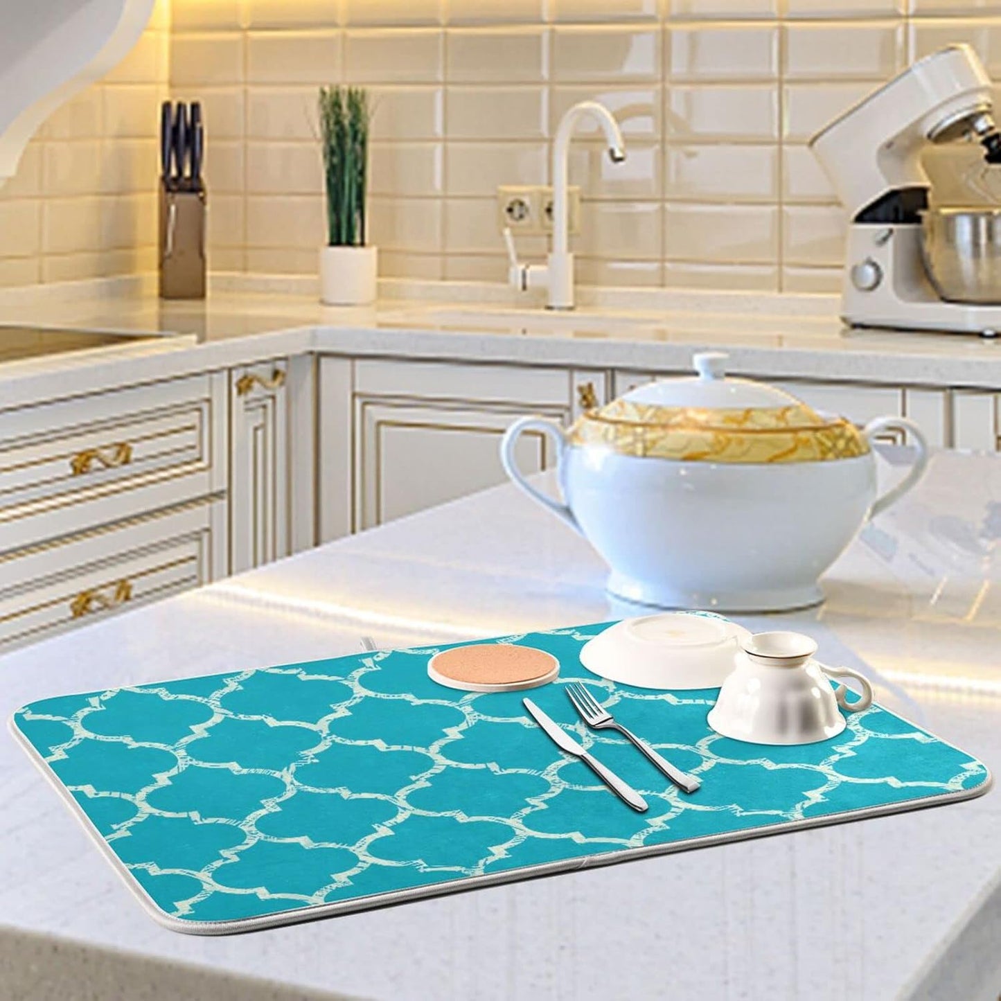 senya Super Absorbent Dish Drying Mat, Microfiber Fast-Drying Dish Mat, 24'' x 18'', Kitchen Dish Drying Pad, Beautiful Grunge White Morrocan Trellis