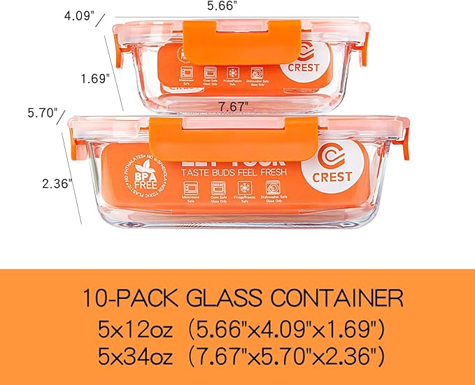 C CREST [10-Pack] Glass Food Storage Containers - Food Prep Containers with Lids - Microwave, Oven, Freezer and Dishwasher Safe