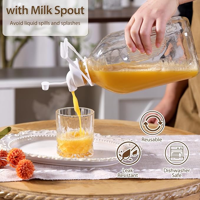 CUCUMI Glass Milk Bottle with Reusable Strong Airtight Screw Lid, 1 Pack 64 Oz Glass Juice Bottles for Almond Milk