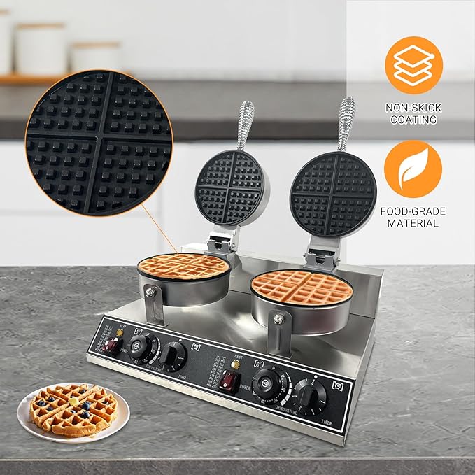 Double Head Commercial Waffle Maker, 2400W Stainless Steel Nonstick Waffle Iron with 122℉ to 572℉ Temp Range & Time Control, Perfect for Home Cafe Restaurant Snack Bar Bakeries