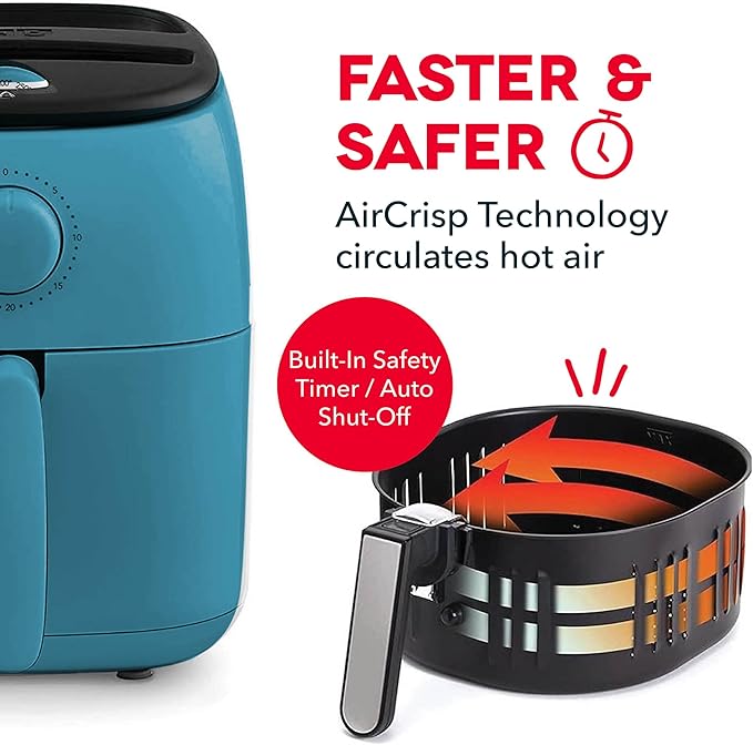 Dash Tasti-Crisp™ Air Fryer - AirCrisp® Technology - Compact Design with Adjustable Temperature Control - Nonstick Fry Basket & Auto Shut-Off Feature - 2.6 Quarts - Teal