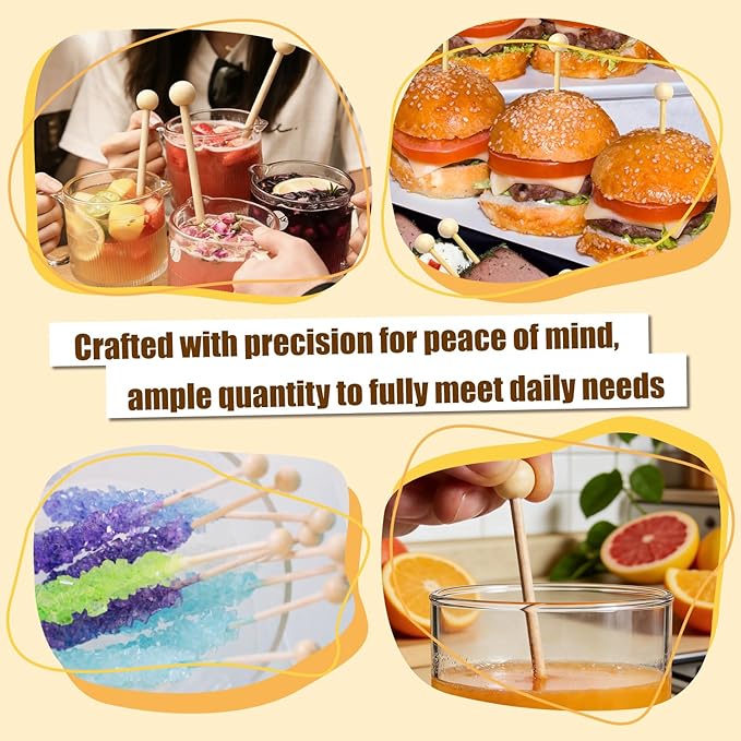 100PCS Rock Candy Sticks with Ball Tips,6 Inch Wood Swizzles Sticks,Natural Wood Cake & Drink Stirrer Sticks for Lollipop Coffee Appetizer Skewers (Natural wood)