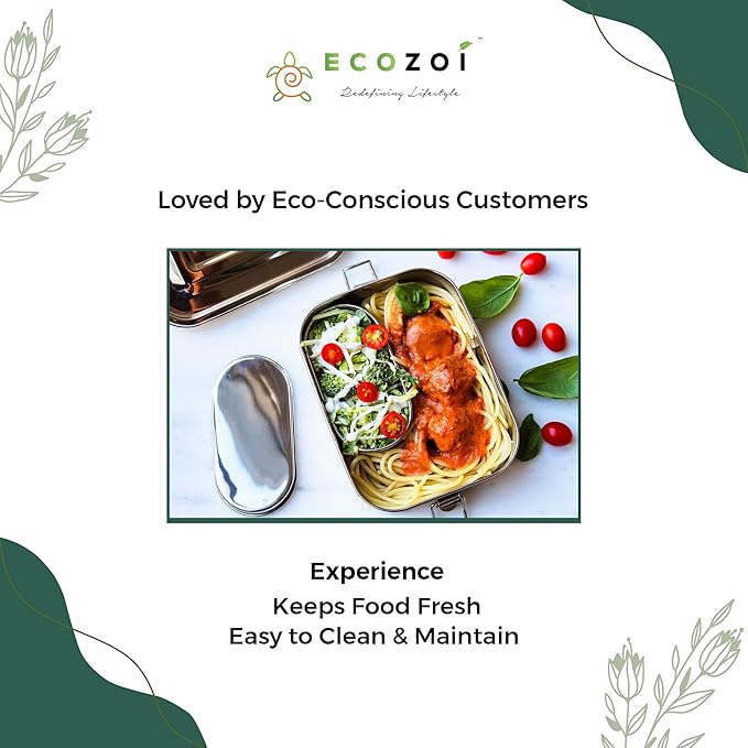ecozoi Stainless Steel Lunch Box, Leak Proof 1 Tier Eco Metal Bento Box | Bonus Pod And Redesigned Silicone Seal | Sustainable Zero Waste Eco Friendly Food Storage Container
