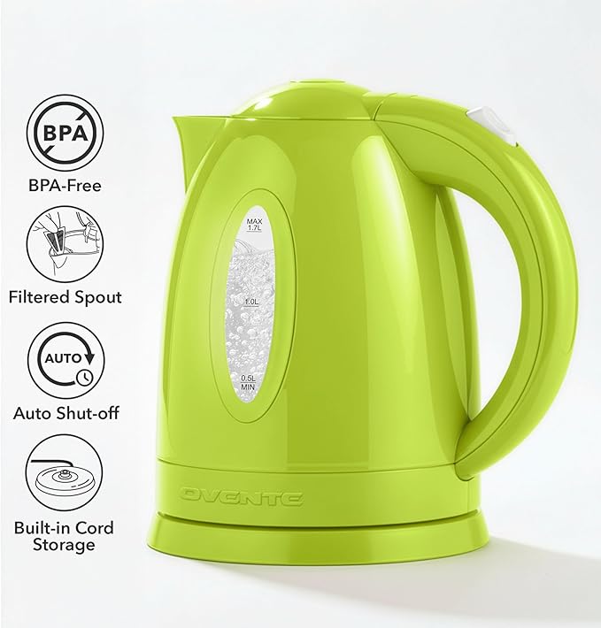 OVENTE Electric Kettle, 1.7L Fast Boiling Water Heater for Coffee or Tea, BPA Free with Water Level Gauge, Auto Shut-Off, Boil-Dry Protection, Indicator Light and Removable Filter, Green KP72G