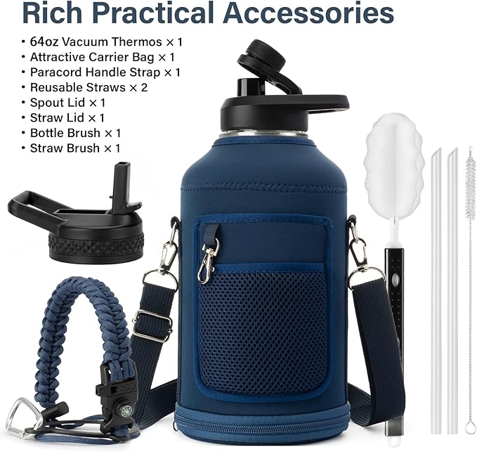 DYSANKY 64 oz Insulated Water Bottle | Upgraded Thickened Stainless Steel Water Jug for Gym and Hiking with Straw, Carrier Bag, Handle Strap | BPA-Free 64 oz