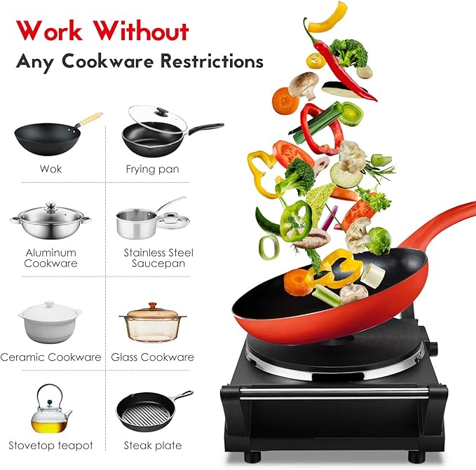 Techwood Hot Plate Portable Electric Stove 1500W Countertop Single Burner with Adjustable Temperature & Stay Cool Handles, 7.3” Cooktop for Dorm Office/Home/Camp, Compatible for All Cookwares