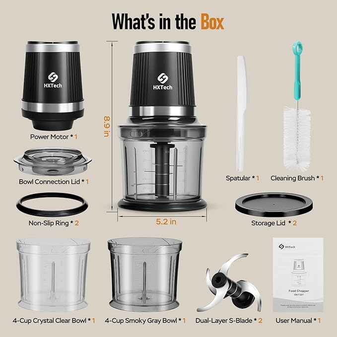Food Processor 4 Cup: Mini Electric Food Chopper with 2 Bowls, Small Meat Grinder with 2 Speed & 4 Blades for Vegetable, Meat, Nuts, Functions for Chopping, Dicing, Mixing and Puree-Black