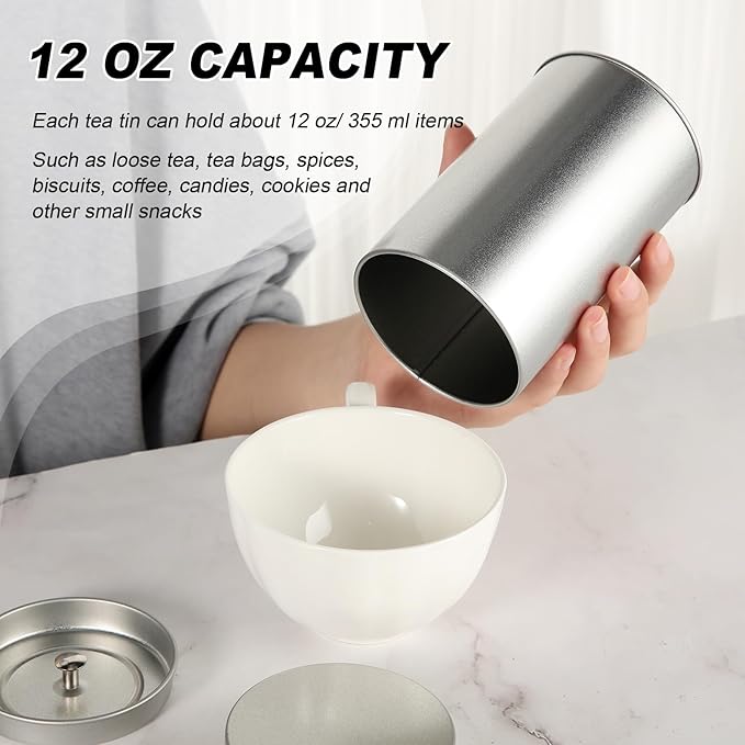 Zopeal 3 Pack Tea Tin Canister with Airtight Double Lids 12 oz Can Box Canister for Loose Leaf Tea Storage Bag Container Portable Small Kitchen for Coffee Sugar Pantry Camping, Silver