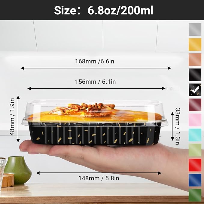 EUSOAR Creme Brulee Ramekins, 50pcs 6.8oz 6.5"x2.5"x1.2" Aluminum Foil Mini Loaf Bread Cake Pan Tin with Lids，Rectangle Disposable Cupcake Baking Cups Containers Wrappers, Dessert Cheesecake Pan Cups