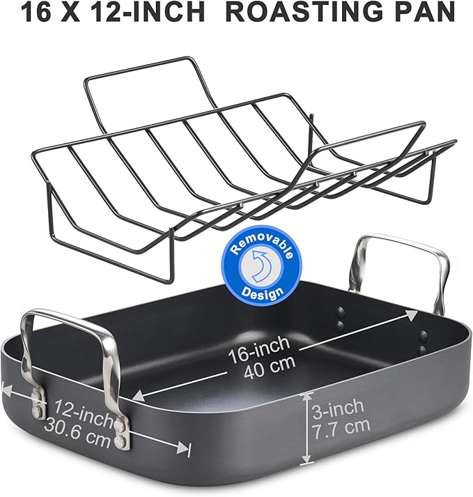 Cooks Standard Turkey Roasting Pan with Rack, Hard Anodized Nonstick 16-Inch x 12-Inch Chicken Ham Roaster Pan Multi-Use Grill Pan with Handles, Black