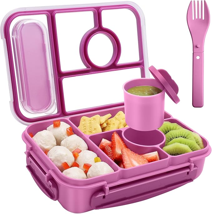 Amathley Bento Box Adult Lunch Box Kids,Lunch Containers for Adults/Kids/Toddler,5 Compartments Bento Lunch Box with Sauce Vontainers,Microwave & Dishwasher & Freezer Safe,BPA-Free (Purple)