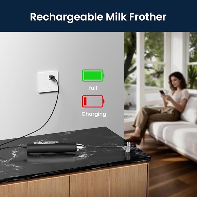 Sakgos Milk Frother Rechargeable Handheld-Electric Whisk 3 Speed Adjustable, Frother Wand Coffee with 3 Stainless Whisks, Electric Foam Maker, Drink Mixer Blender for Latte Cappuccino Matcha Egg