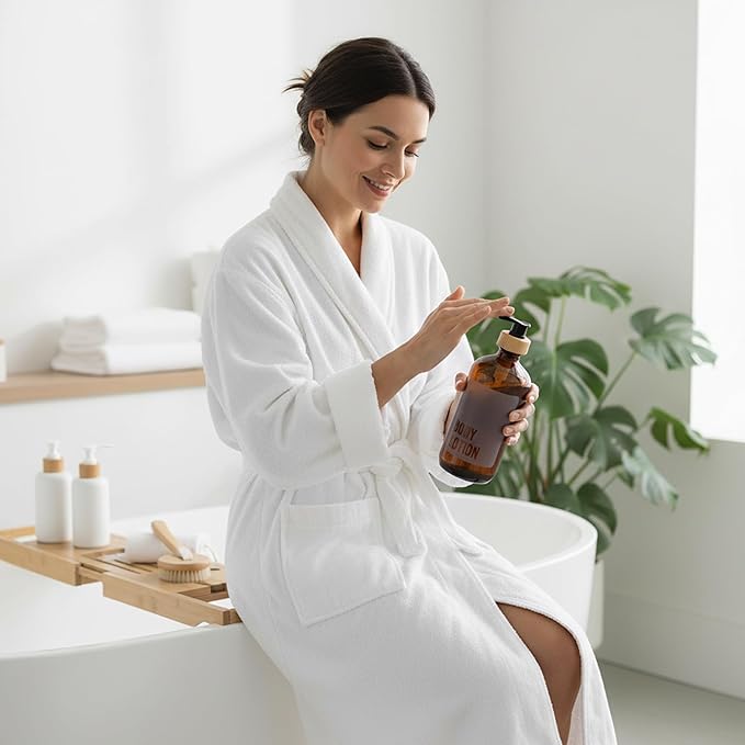 SAVVY & SORTED Amber Glass Body Lotion Dispenser with Pump, Soap Dispenser Bathroom Set, Refillable Glass Lotion Bottle with Label, Matching Soap and Lotion Dispenser Set Available, 17 Fl Oz / 500 ml