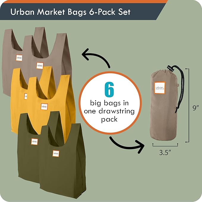 Urban Market Bags - Meadow - 6 Foldable Reusable Shopping Bags in 1 Compact Pouch, Luxury Quality, Recycled Fabric, Holds 50+ lbs, Machine Washable, Pouch Fits in Cupholder, Designed in California