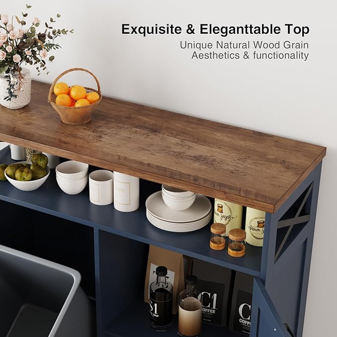 Befrases Tilt Out Trash Can Cabinet for 13 * 1 Gallon Trash Can, Farmhouse Kitchen Island Cabinet with Adjustable Shelf for Hidden Laundry Basket, Dog Proof Garbage Can for Dining Living Room, Blue