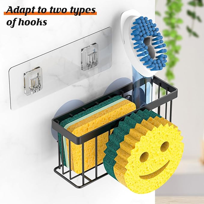Sponge Holder Smiley Face, Sink Caddy for kitchen Sink, Kitchen Organizer Sponge Holder with 2 PCS Suction Cups/1 PCS Adhesive Strips, Designed for Sponge, Soap, Dish brush, Scrubber-Black