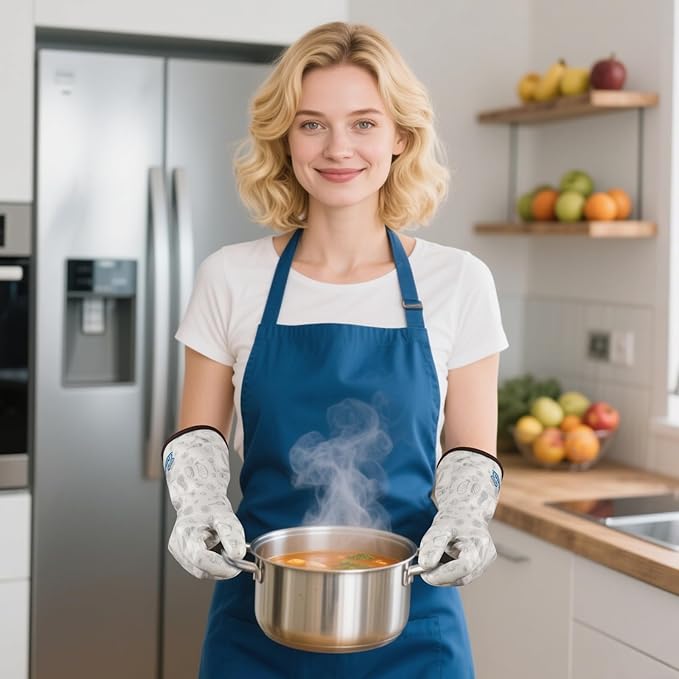 Heat Resistant Gloves Oven Hot Mitts with Fingers Silicone Oven Glove for Cooking Baking Grilling BBQ Cute Print White Large