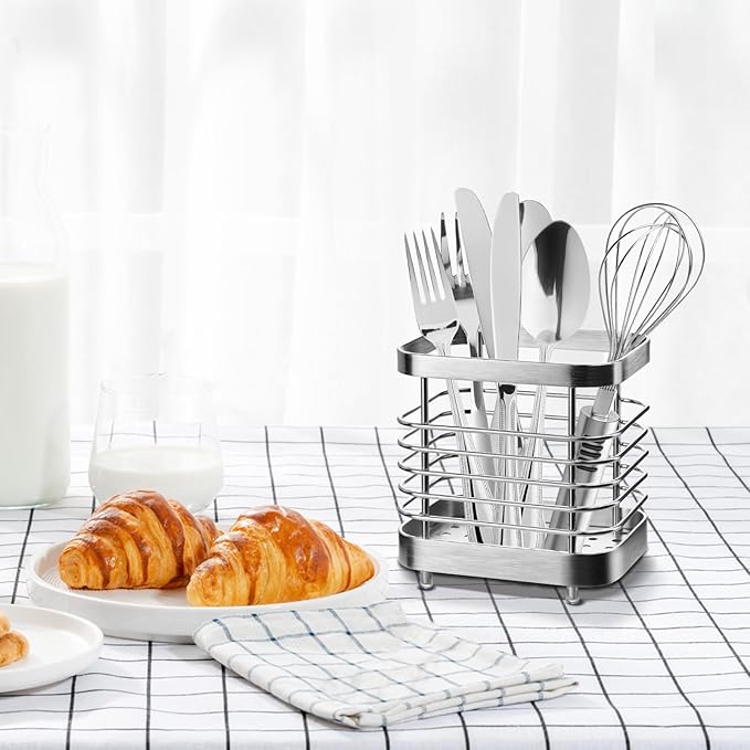 Utensil Holder, Stainless Steel Utensil Drying Rack for Kitchen Counter, Silverware Cutlery Flatware Holder Forks, Knives, Spoons, Chopsticks Organizer (Silver)