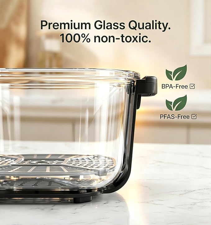 5-in-1 Glass Air Fryer for Healthy Oil-Free Cooking, Portable 1500W Countertop Cooker with 4QT & 6-Cup Glass Bowl, Non-Toxic Design & Dishwasher Safe for Single & Family Meals