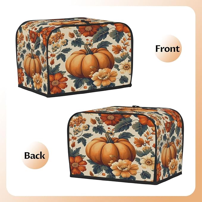 4 Slice Autumn Toaster Cover,Thanksgiving Pumpkin Fall Boho Floral Small Kitchen Appliance Bread Machine Cover with Pockets,Dust & Fingerprint Protection