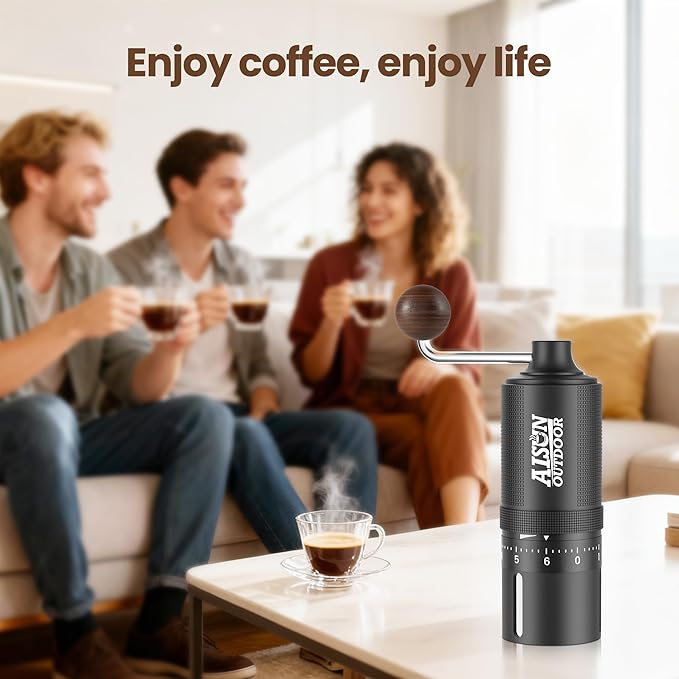 Portable Manual Coffee Grinder with Ceramic Conical Burr, Stainless Steel Axle & Handle, Adjustable Settings & Anodized Aluminum Body for Outdoor, Travel, Espresso and Home Use