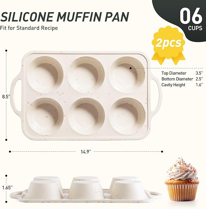 Socisen 2 Packs 6 Cups Silicone Muffin Pan with Metal Reinforced Frame Jumbo Size Cupcake Pan Tray Egg Bites Silicone Circle Cookie Molds Muffin Tin Tart Pans Large Big Baking Sheet Set for Breakfast