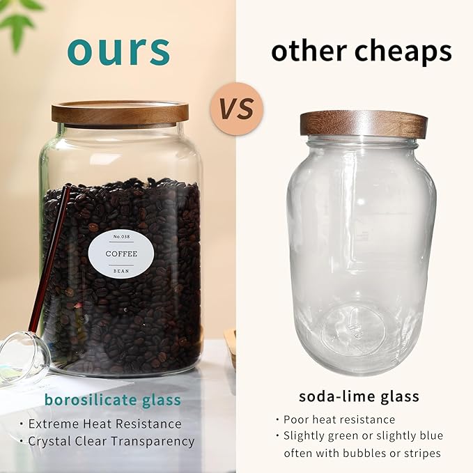 1 Gallon Glass Jars with Acacia Wood Lids and glass spoon, Sealable Waterproof, Borosilicate Large Tall Glass Sugar Flour Storage Container Jar Set for Coffee, Nut, Candy, Cereal - 2 Pack