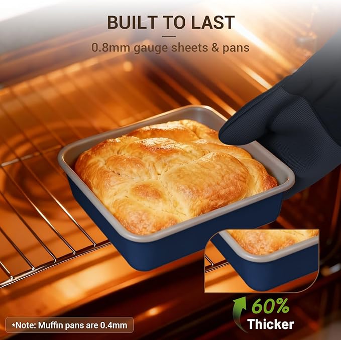 Ammeloo 22-Piece Baking Pans Set Stackable Bakeware Non Stick Baking Set Non Toxic Oven Pans, Including Roasting Pan, Cookie Sheets, Muffin Pans, Cake Pans, Oven Mitts and Utensils(Gray & Navy Blue)