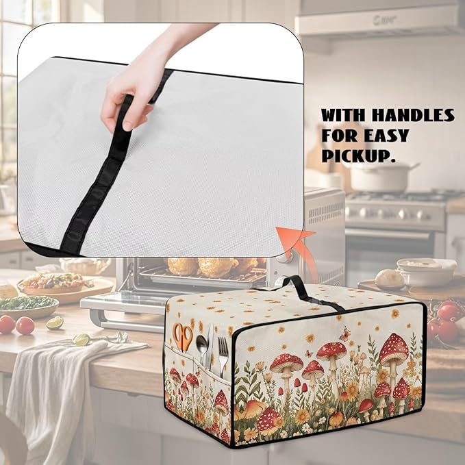 Air Fryer Toaster Oven Cover Fabric Convection Oven Cover with Pockets, Washable Small Appliance Dust Protection for Kitchen Home, M, 16.5 x 20.5 x 10 inches, Mushroom Floral