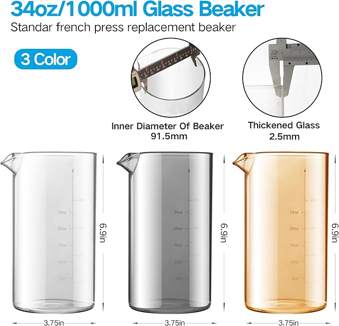YMMIND Standard Universal Design 34 oz French Press Replacement Glass Beaker, Fits Most Brands French Press Coffee Makers (1Quart / 1000ml / 5-6 Cup) Coffee Press Borosilicate Glass Water Bottle