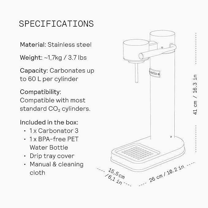 Aarke Carbonator lll with CO2 Cylinder, Sparkling & Carbonation Water Machine, Stainless Steel with PET BPA-Free Reusable Bottle Volume 1L/34 fl oz (Matte Grey)