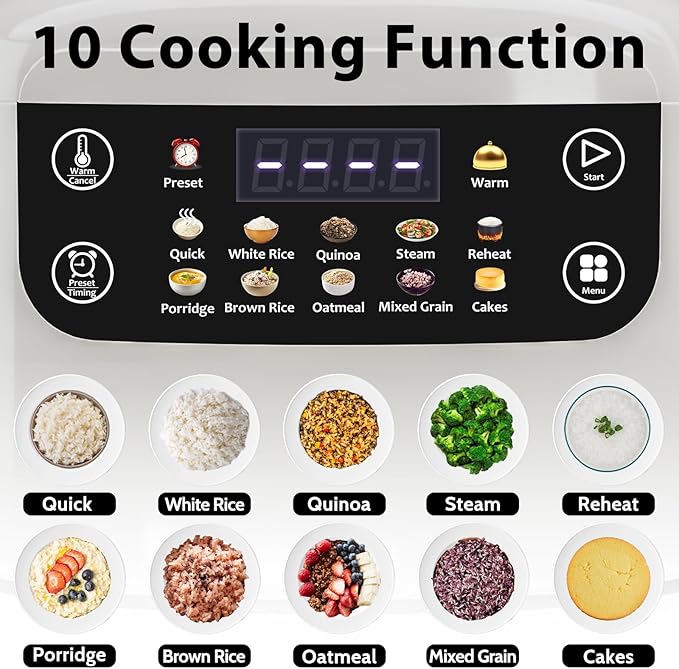 Portable Digital Rice Cooker, 6-Cup (Uncooked)/12-Cup (Cooked) Small Rice Maker with Steaming Basket, Mini Rice Cooker with 2L Removable Nonstick Inner Pot, 10 Menu Options, Auto Keep Warm, 24 Hour Delay Timer, White