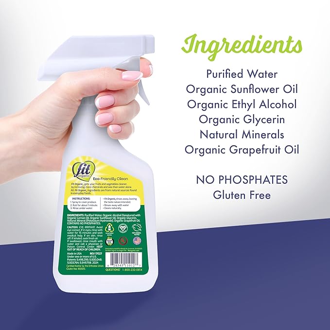 FIT Organic Fruit and Vegetable Wash Spray – USDA Certified Organic & Kosher Produce Cleaner – Removes Surface Contaminants–Family & Pet Safe, Natural & Chemical-Free–12 Fl Oz (2-Pack)