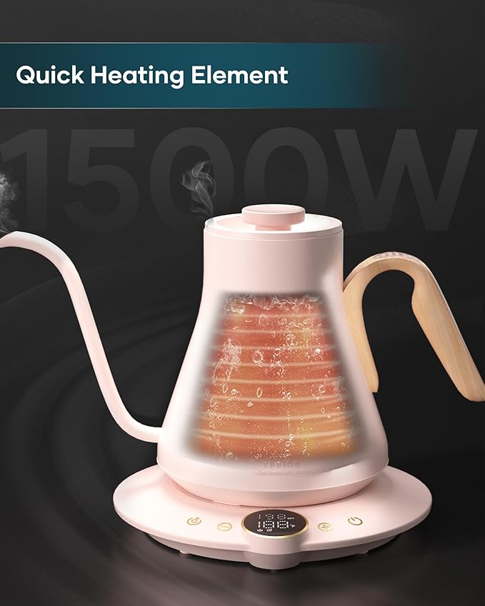 INTASTING Gooseneck Electric Kettle with ±1℉ Temperature Control for Pour Over Coffee & Tea, Quick Heating, BPA-Free Stainless Steel, Built-in Brew Timer, 1500W/0.9L (Munch Pink)