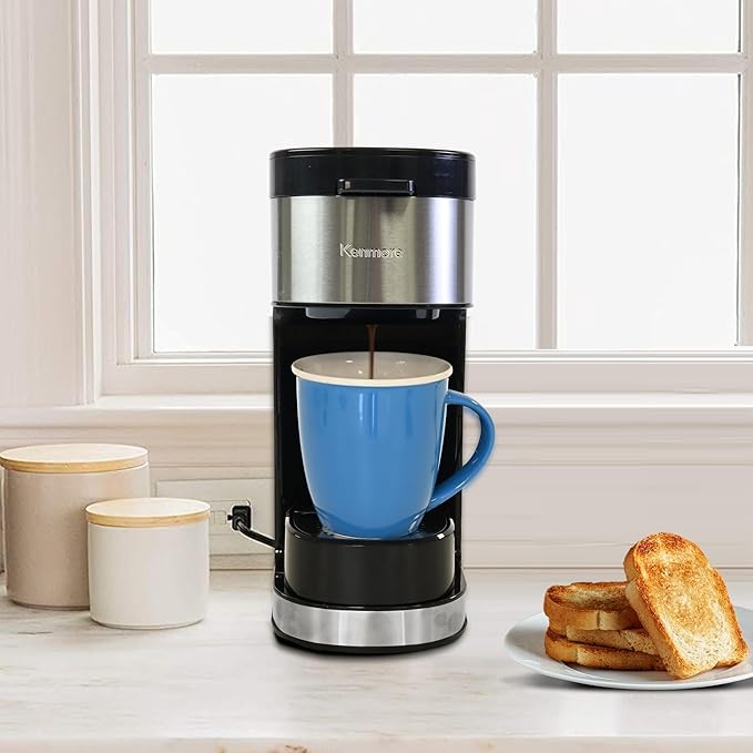 Kenmore Single Serve Coffee Maker – 6–12 Oz Brew Sizes, Compatible with Keurig K‑Cup Pods & Ground Coffee, One Cup Brewer, Travel Mug Friendly, Auto Shut‑Off, Hot & Iced Machine à café, Black