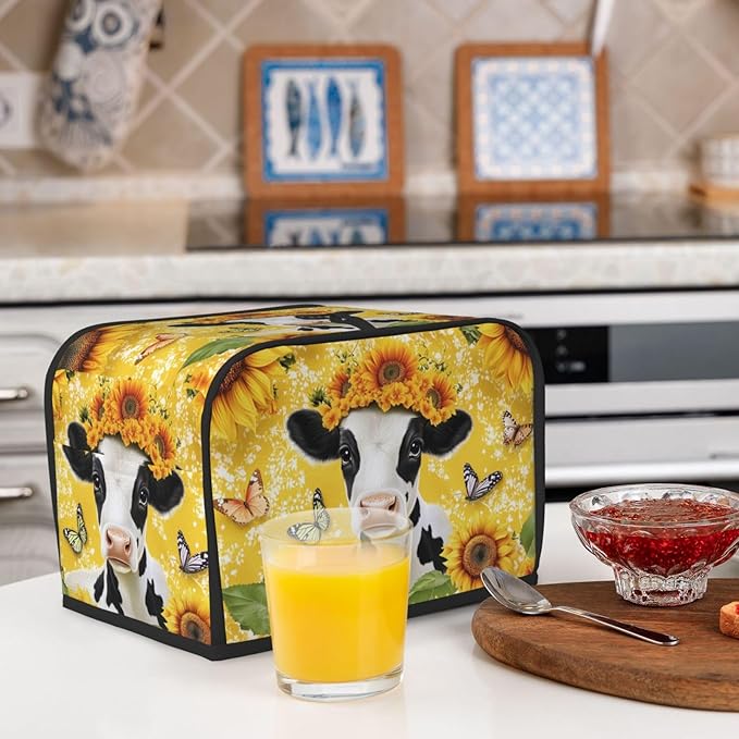 Cow with Sunflower Toaster Cover 2 Slice, Cute Country Bread Machine Cover, Washable Toaster Kitchen Small Appliance Cover Stain Resistant,with Top Handle