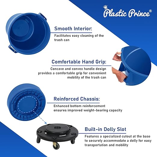 PLASTIC PRINCE 44 Gallon Round Trash Can with Lid Garbage Can Blue Waste Container for Home Garage Restaurants Warehouses