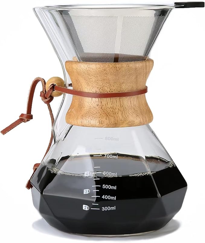 Lalord Pour Over Coffee Maker with Reusable Stainless Steel Filter, 27 oz Borosilicate Glass Coffee Carafe, Wooden Collar, Coffee Maker Carafe, Hold 4-6 Cups, 800 ml, Clear