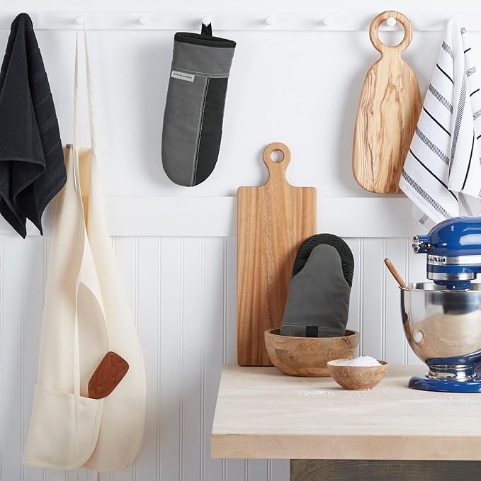 KitchenAid Ribbed Soft Silicone Pot Holder Set, Charcoal Grey 7"x9" & Beacon Two-Tone Non-Slip Oven Mitt Set, Contour Silver/Onyx Black, 5.75"x13", 2 Piece