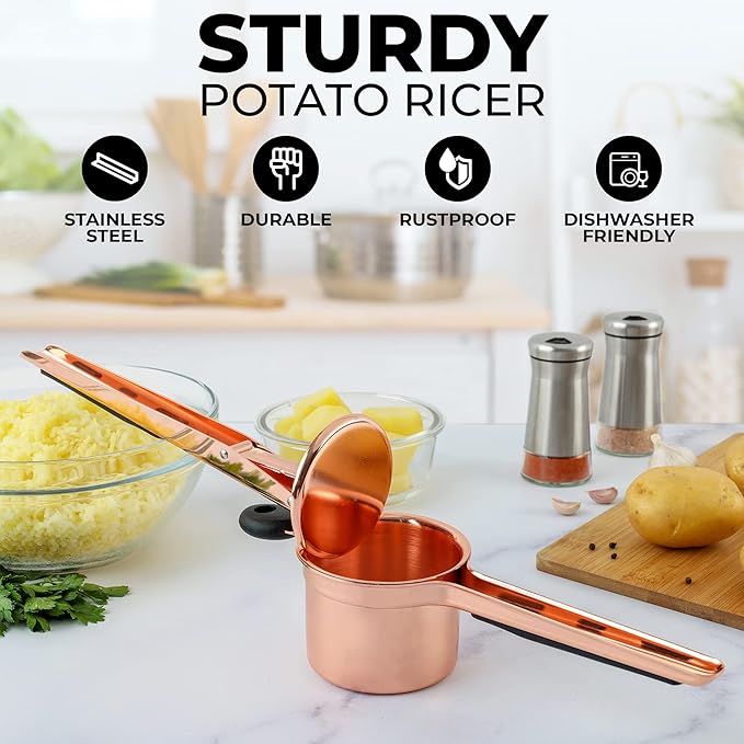 Zulay Kitchen Premium Large 15oz Potato Ricer, Heavy Duty Professional Stainless Steel Potato Masher and Ricer Kitchen Tool, Press and Mash Kitchen Gadget - Rose Gold Fixed Disc