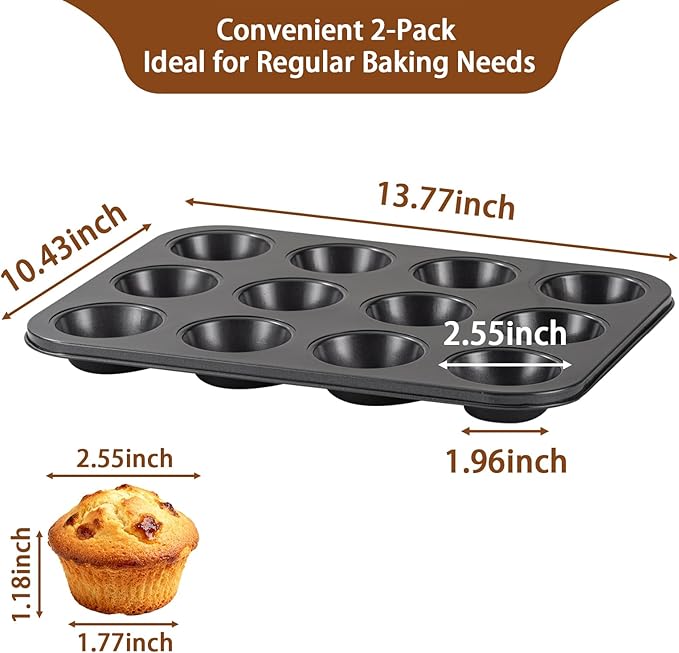 2 Pack Muffin Pans for Baking, Large Muffin Pan 12 Cup, Premium Steel with Nonstick Coating, Easy to Clean, Durable Bakeware for Even Baking, Perfect for Muffins and Cupcake, Black