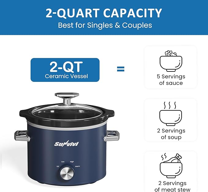 Sunvivipro 2QT Small Slow Cooker with Removable Ceramic Pot, Food Warmer with 3 Heating Settings & Dishwasher Safe Glass Lid, Blue