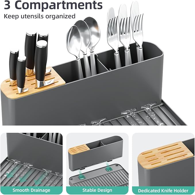 Urackify Large Dish Drying Rack, Expandable Dish Racks for Kitchen Counter, Multifunctional Dish Drainer with Utensil Holder & Cup Holder, 18.5"-26.7" L x 12.7" W, Gray