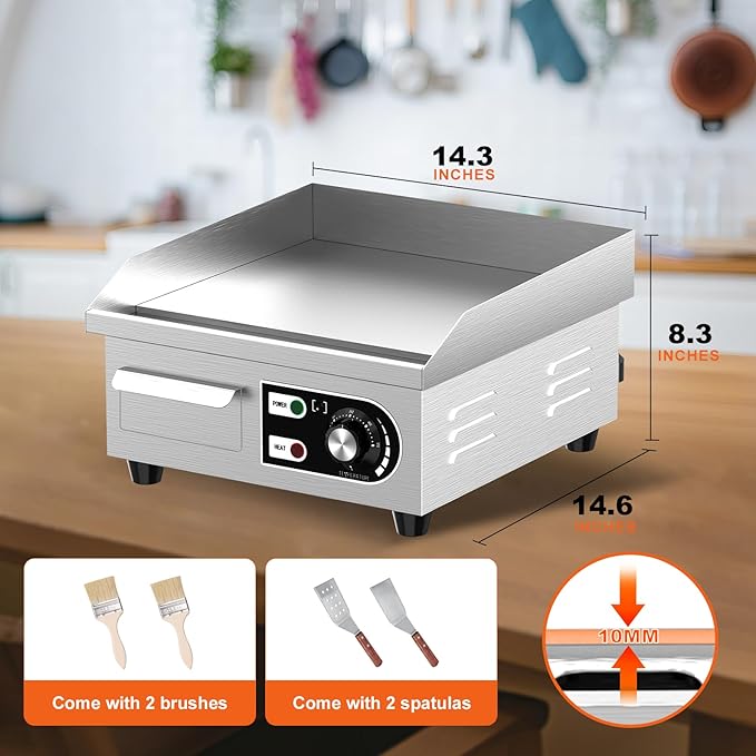 14’’ Commercial Electric Griddle - Electric Cast Iron Griddle w/Stainless Steel Material and Non-Stick, 110V Commercial Griddle w/ 1/2" Thick Iron Cooking Plate for Indoor and Restaurant