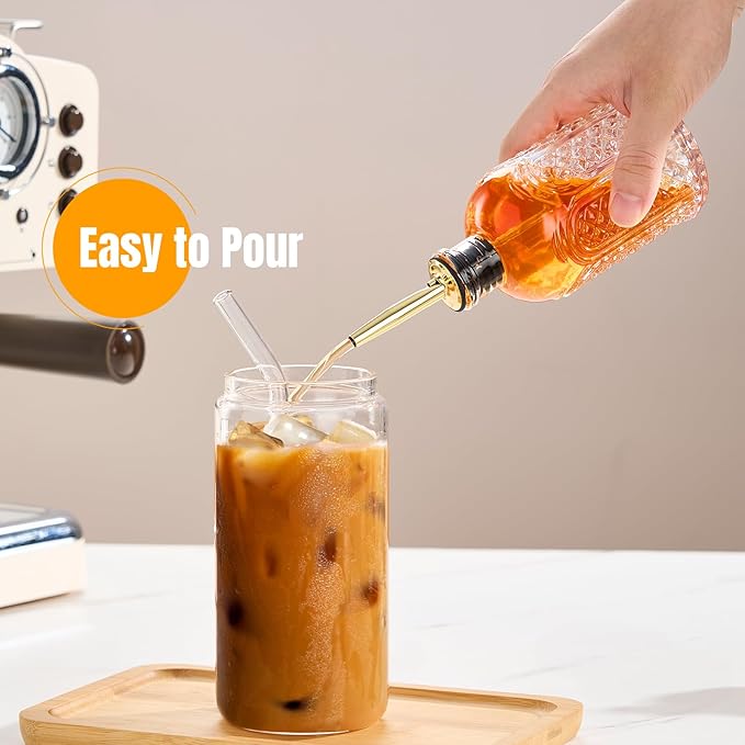 2pcs Glass Coffee Syrup Dispenser Bottles 7 OZ, Simple Syrup Bottles with Metal Pour Spout, Syrup Dispenser for Coffee Bar Accessories for Maple Honey Syrup Oil and Sauces