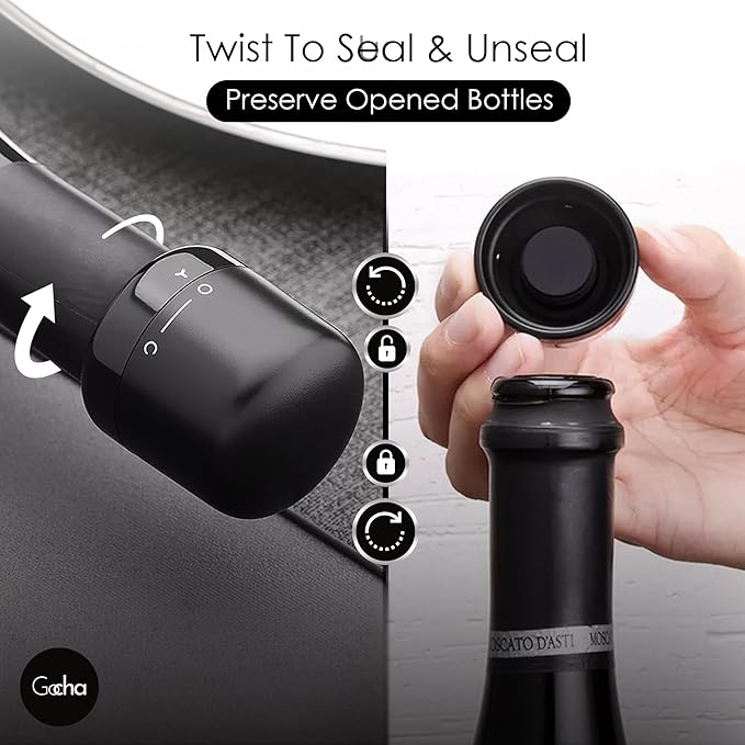 GOCHA | Vacuum Built-in Wine Preserver | Universal Champagne & Wine Saver | 1.5 inch Silicone Twist Top | Reusable, Leak Proof Stainless Steel Sealer | (Pack of 1)