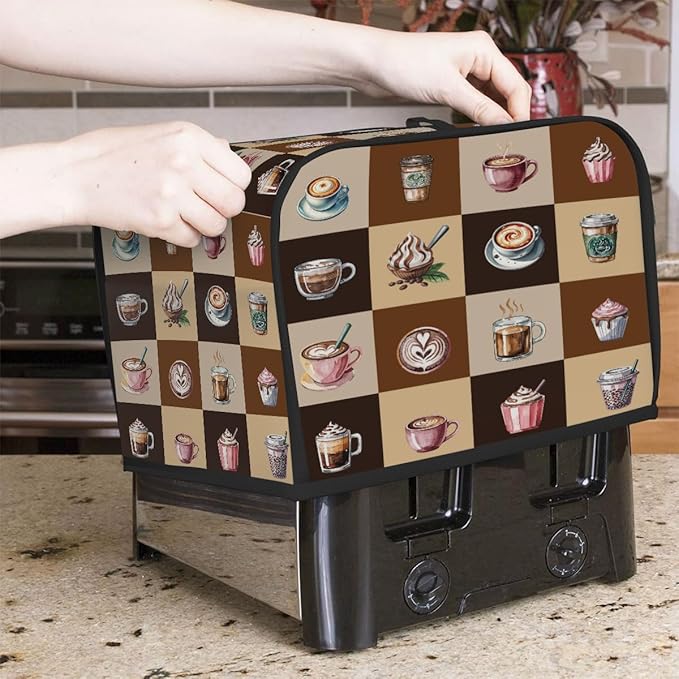 Coffee Cups Modern Toaster Cover 4 Slice Dust and Fingerprint Protection Toaster Bread Maker Covers Washable Kitchen Small Appliance Covers for Kitchen Accessories Decor Bakeware Women Gift
