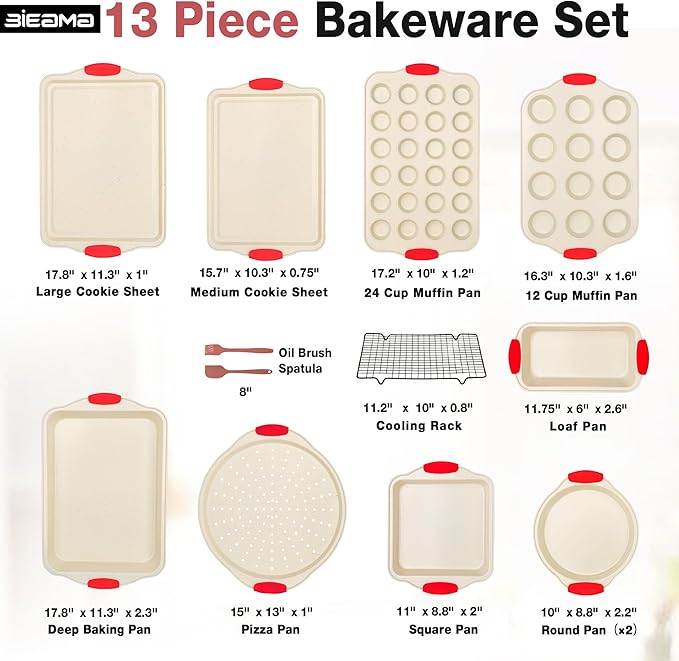 BIEAMA 13-Piece Baking Pans Sets, Nonstick Bakeware Sets, BPA-Free Carbon Steel Stackable Bakeware Set, Cream