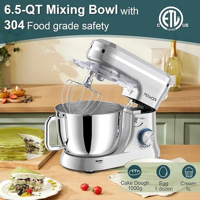 HOWORK Electric Stand Mixer,10+p Speeds With 6.5QT Stainless Steel Bowl,Dough Hook, Wire Whip & Beater,for Most Home Cooks (Silver)