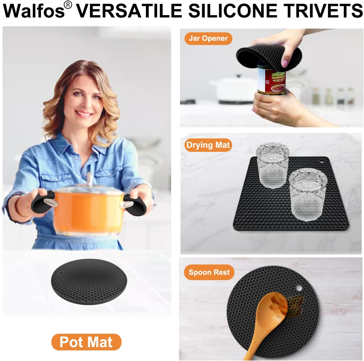 Walfos Silicone Trivet Mats - 4 Heat Resistant Pot Holders, Multipurpose Non-Slip Hot Pads for Kitchen Potholders, Hot Dishers, Jar Opener, Spoon Holder, Food Grade Silicone & BPA Free (Nordic Blue)